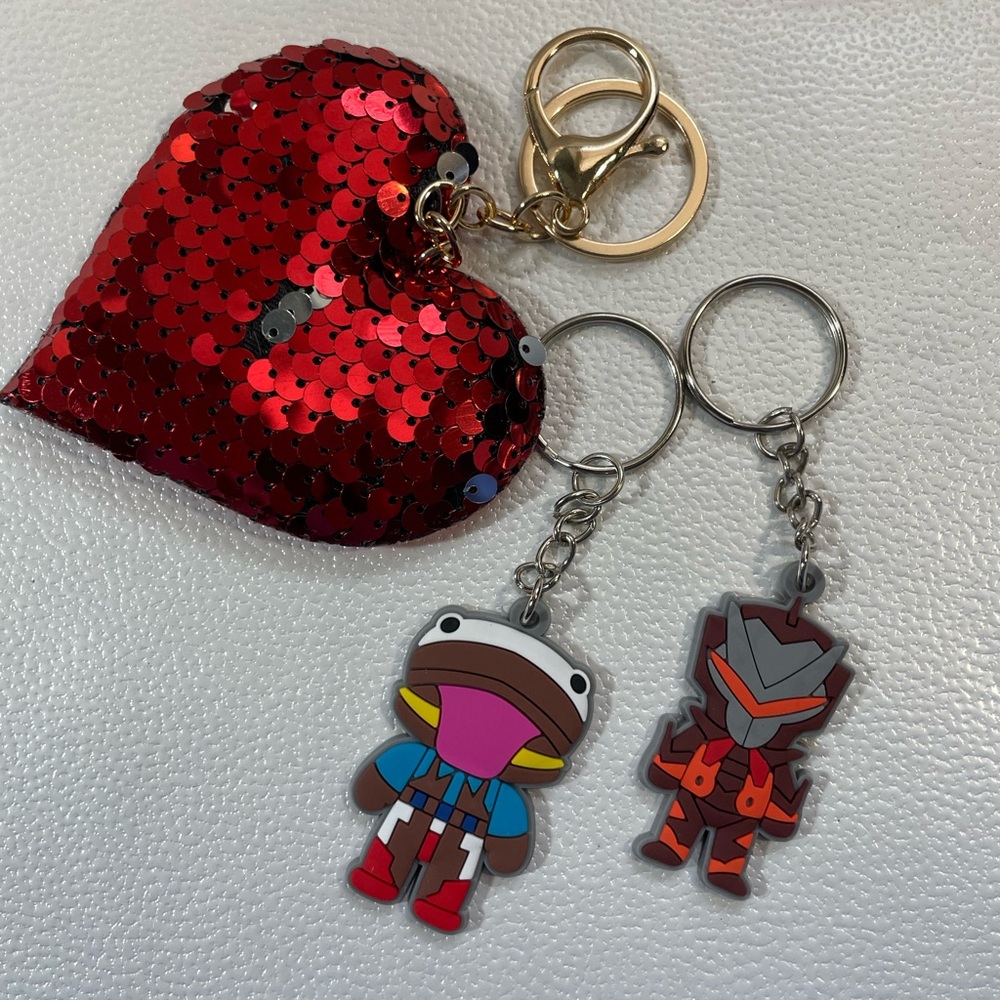 Red Heart Sequin Keychain with Character Charms